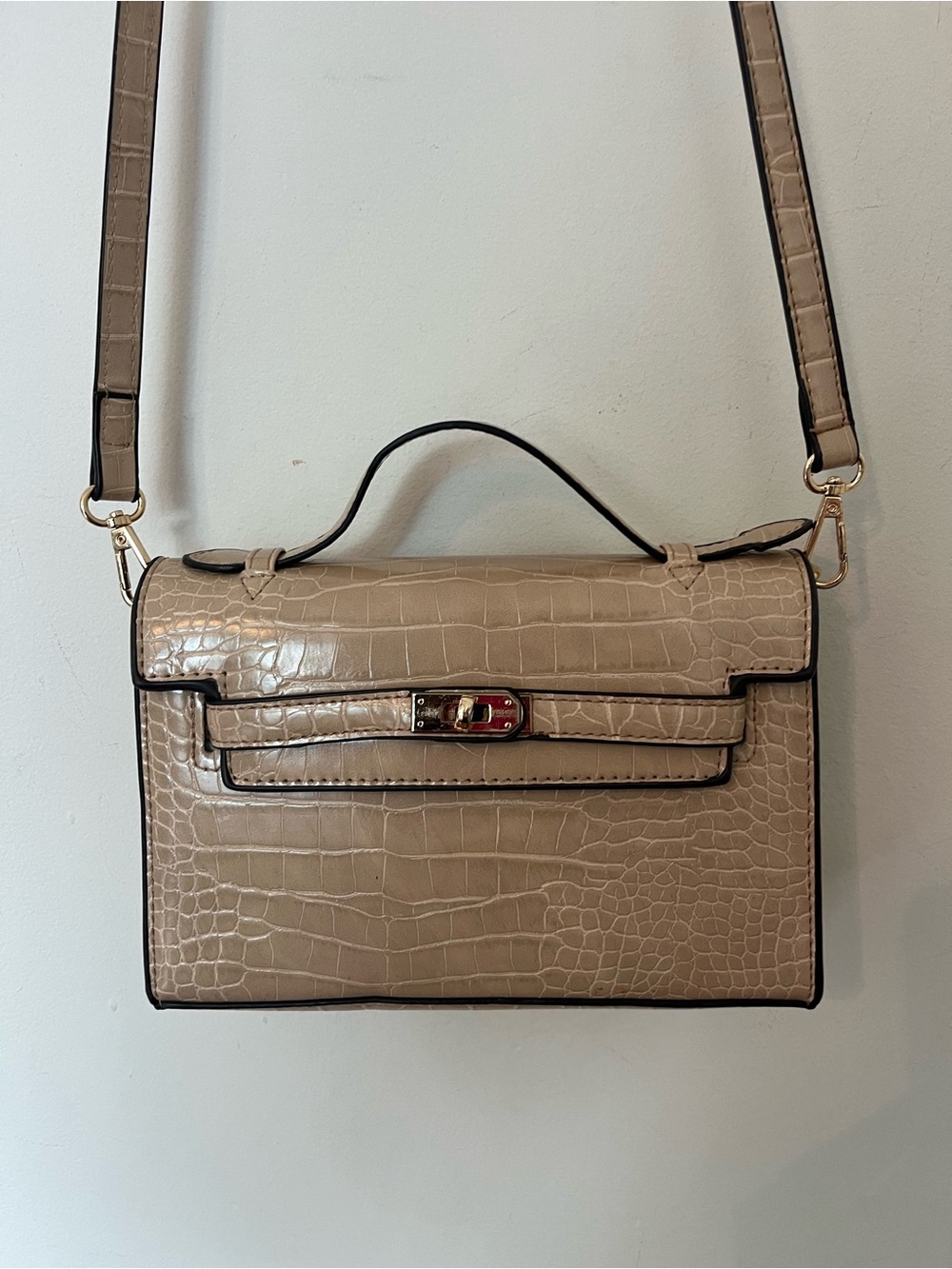 Taupe Croc Embossed Top Handle Crossbody Satchel Bag - Picture 4 of 14
